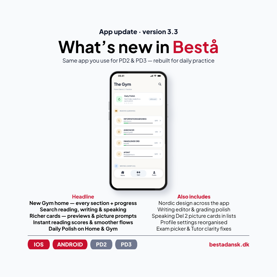 Bestå 3.3 — nyt Gym, Daily Polish og hurtigere feedback
