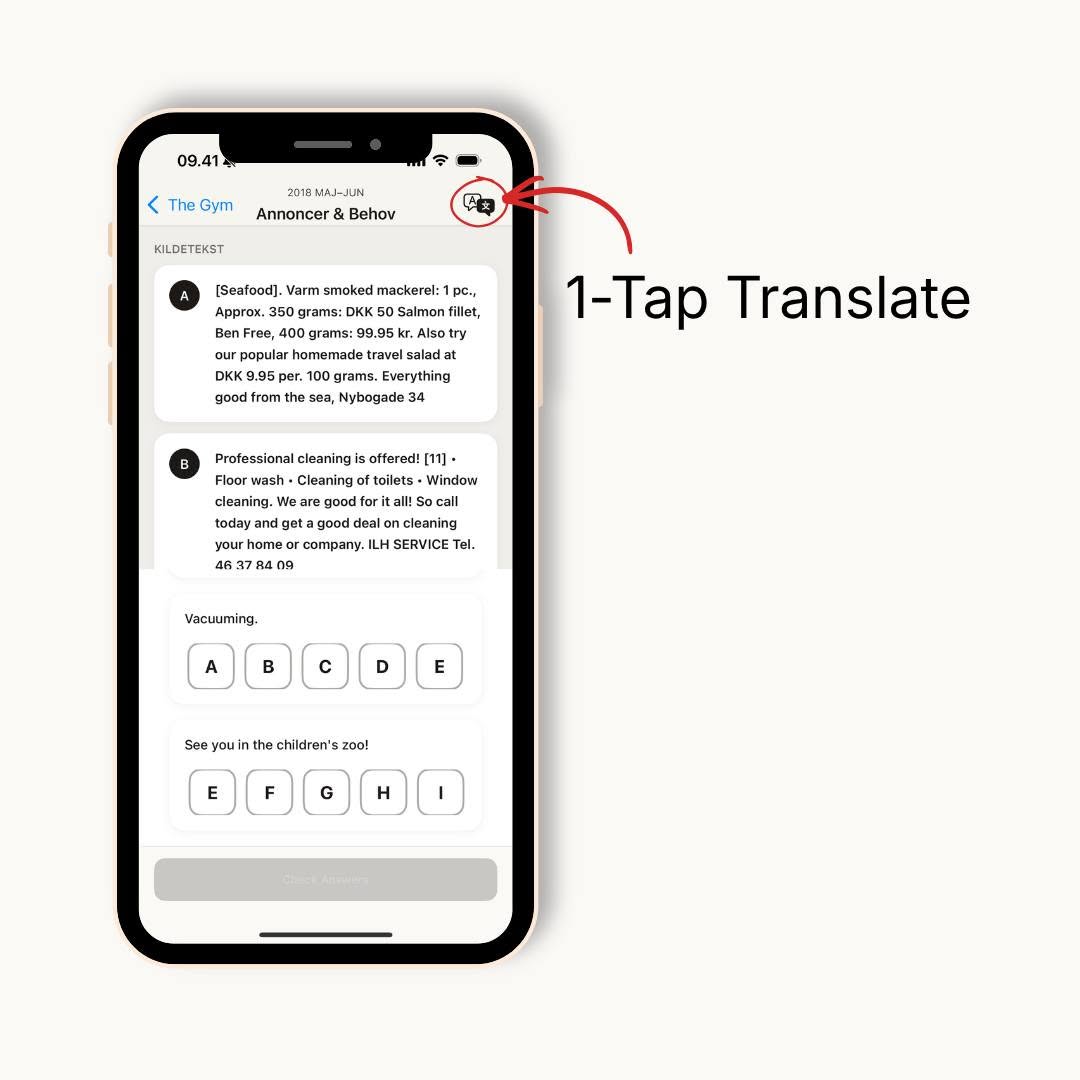Indbygget Smart Translator — slip for at skifte app